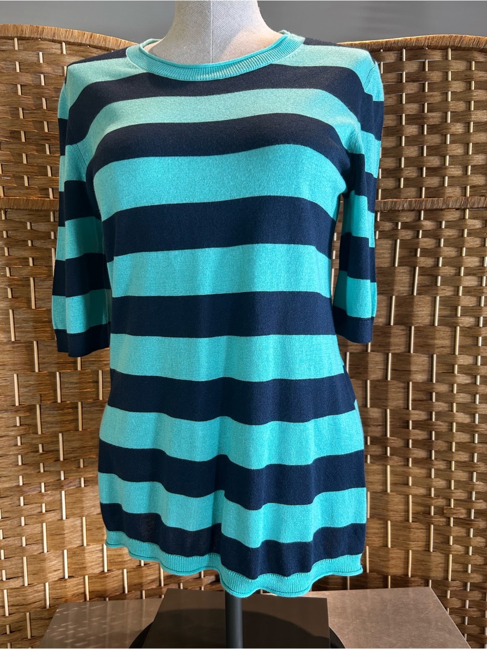 Banana Republic Silk Cashmere Stripe Sweater M Aqua Navy 3/4 Sleeve Soft